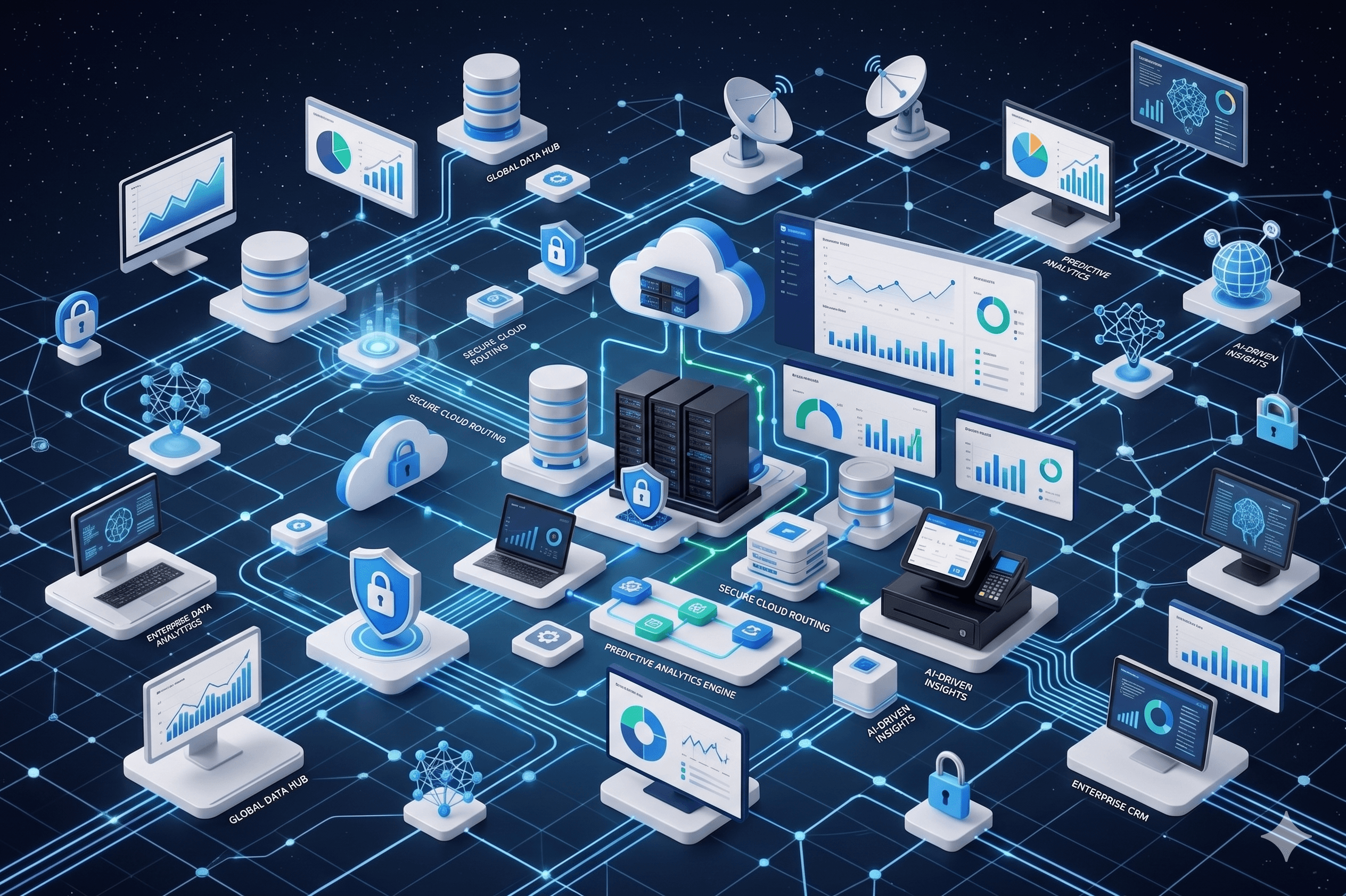 Ecossistema de tecnologia com dashboards, servidores, nuvem e ponto de venda